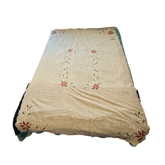 Lenox Tablecloth Christmas Poinsettia Linen Blend Rectangle ~80x57 Scallop Edge - Picture 4 of 7